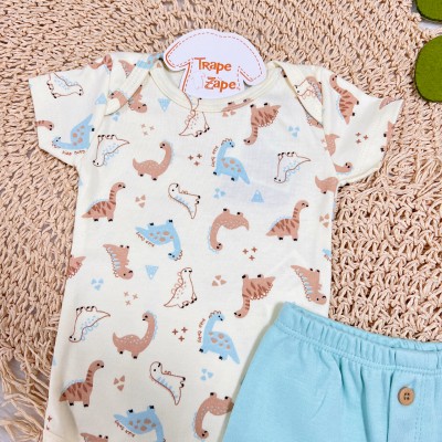 Conj. Body Manga Curta Dinosaur e Short com Botões - Creme e Verde 
