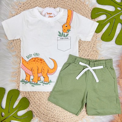 Conj. Camiseta Best Time e Bermuda em Moletom - Off White e Verde