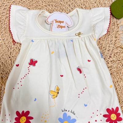 Vestido Jardim com Borboletinhas - Off White e Vermelho