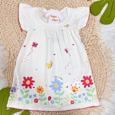 Vestido Jardim com Borboletinhas - Off White e Vermelho