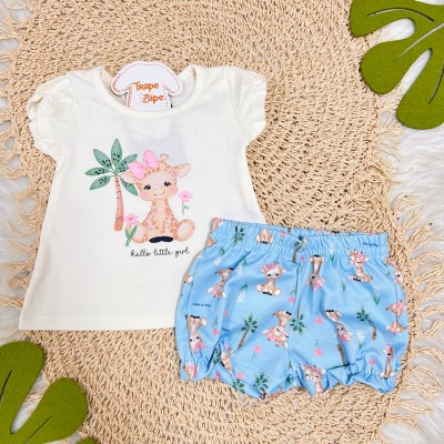 Conj. Blusa Hello Little Girl e Short Girafinha - Off White e Azul