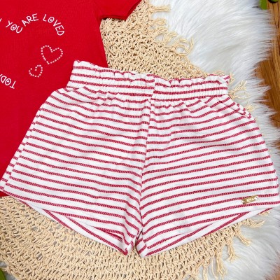 Conj. Blusa Today and Everyday e Short Listrado - Vermelho e Off White