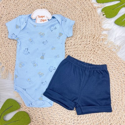 Conj. Body Manga Curta Toys e Short - Azul Bebê e Azul Marinho