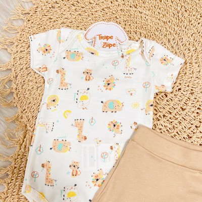 Conj. Body Manga Curta Bichinhos e Short Girafinha - Off White e Creme