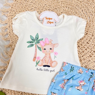 Conj. Blusa Hello Little Girl e Short Girafinha - Off White e Azul