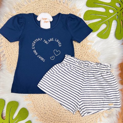 Conj. Blusa Today and Everyday e Short Listrado - Marinho e Off White