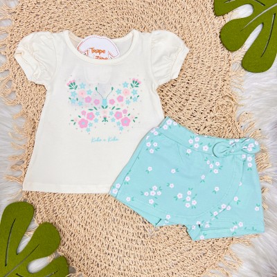 Conj. Blusa Borboleta e Short Florzinhas - Verde Água e Off White