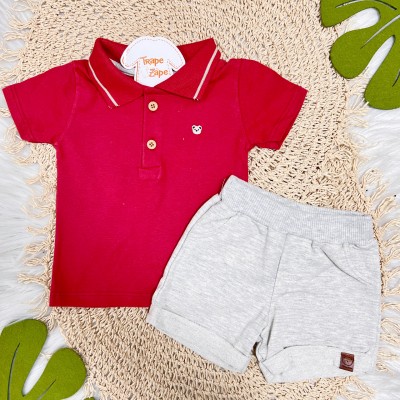 Conj. Camisa Polo Urso e Bermuda - Vermelho e Areia