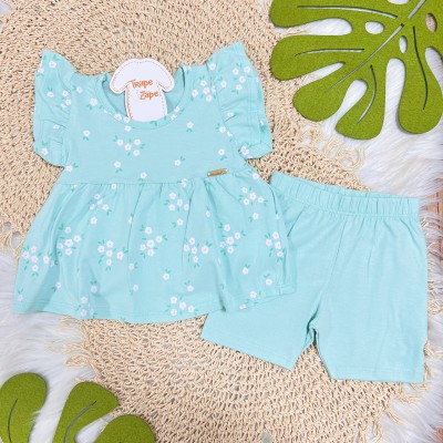 Conj. Batinha Florzinhas e Short Legging - Verde Água