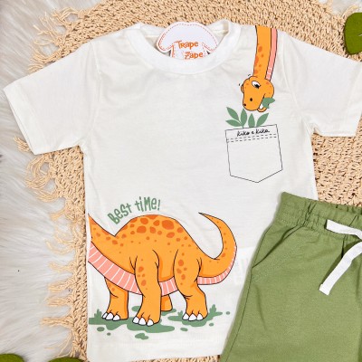Conj. Camiseta Best Time e Bermuda em Moletom - Off White e Verde