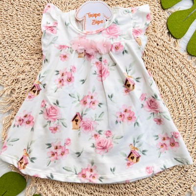 Vestido Manga Curta Floral - Rose e Off White