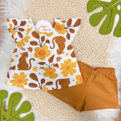 Conj. Batinha Oncinha com Flores e Short - Marrom