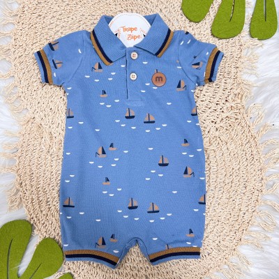 Macacão Curto Gola Polo Barquinhos - Azul Jeans
