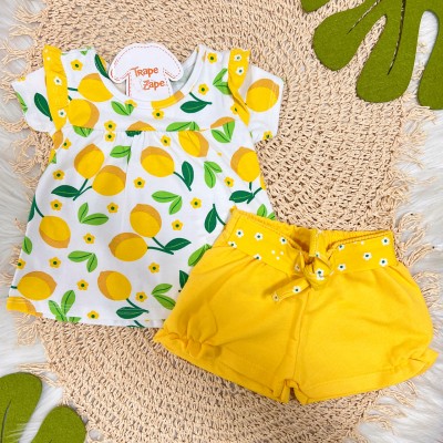 Conj. Blusa Limões e Short - Amarelo e Off White 
