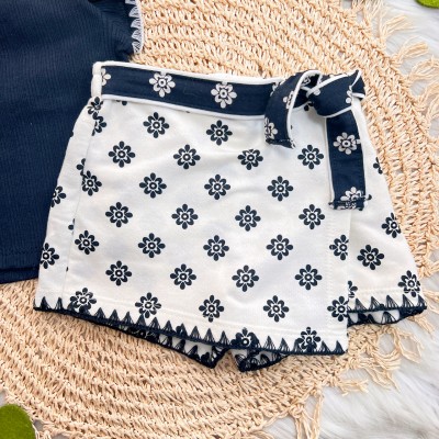 Conj. Regata Ribana e Short Saia Flores - Preto e Off White