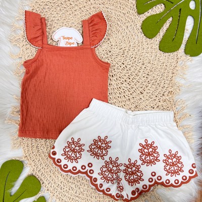 Conj. Regata Ribana e Short Plantinhas - Off White e Ferrugem