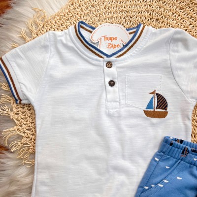 Conj. Camiseta com Barquinho e Bermuda- Branco e Azul Jeans