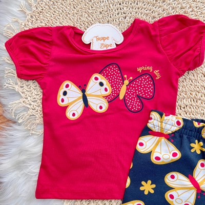 Conj. Blusa Borboletas Spring Day e Short - Vermelho e Preto