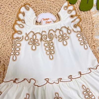 Vestido em Lese Dourado - Off White
