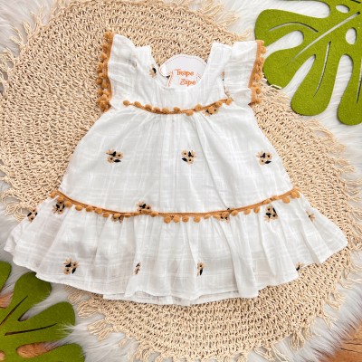 Vestido Bordado com Flores - Off White  Caramelo