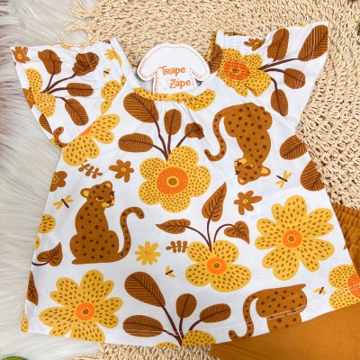 Conj. Batinha Oncinha com Flores e Short - Marrom