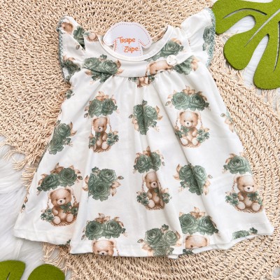 Vestido Ursinha com Flores Verde - Off White