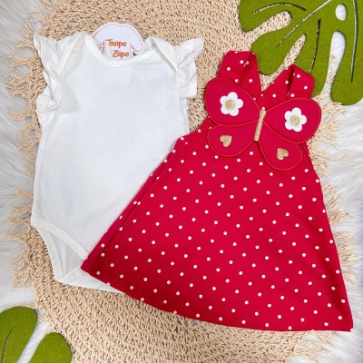 Conj. Body Manga Curta e Salopete Borboleta - Vermelho e Off White