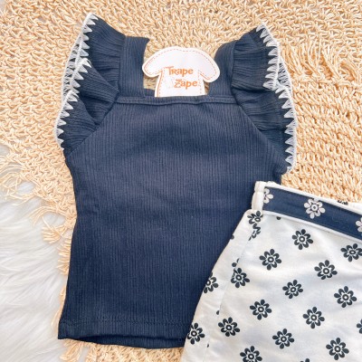Conj. Regata Ribana e Short Saia Flores - Preto e Off White