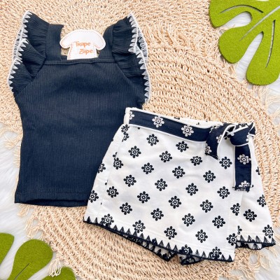Conj. Regata Ribana e Short Saia Flores - Preto e Off White