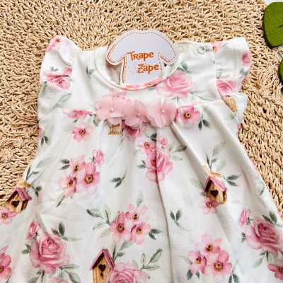 Vestido Manga Curta Floral - Rose e Off White