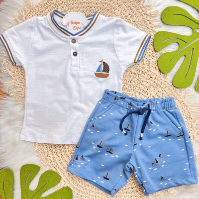 Conj. Camiseta com Barquinho e Bermuda- Branco e Azul Jeans