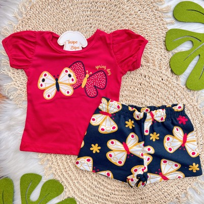 Conj. Blusa Borboletas Spring Day e Short - Vermelho e Preto