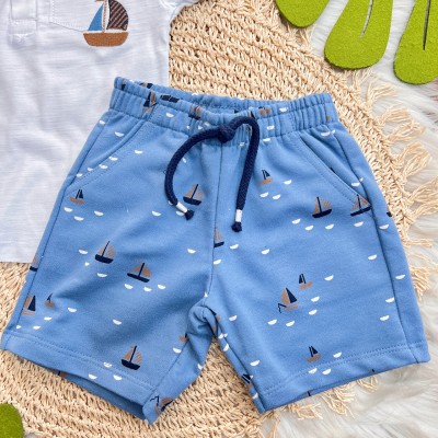 Conj. Camiseta com Barquinho e Bermuda- Branco e Azul Jeans