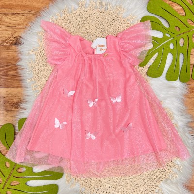 Vestido em Tule com Borboletinhas e Brilhos - Rose