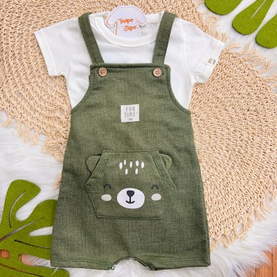 Conj. Camiseta e Jardineira Fun Time - Off White e Verde