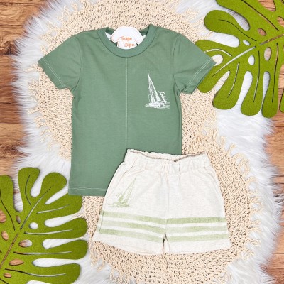 Conj. Camiseta Barco Bordado e Bermuda em Linho - Verde e Areia