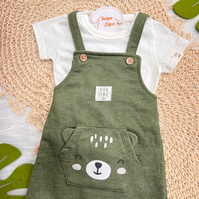 Conj. Camiseta e Jardineira Fun Time - Off White e Verde