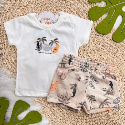 Conj. Camiseta Aventura Selvagem à Vista e Bermuda - Off White