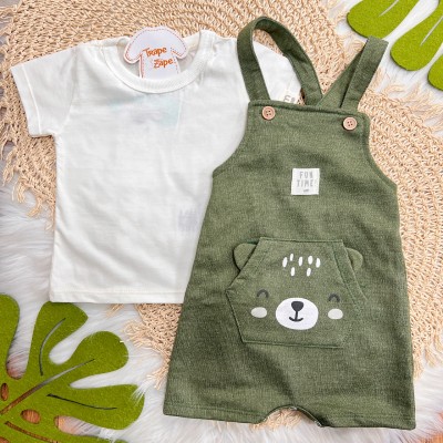 Conj. Camiseta e Jardineira Fun Time - Off White e Verde