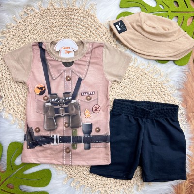 Conj. Camiseta Explorador, Chapéu e Bermuda - Marrom
