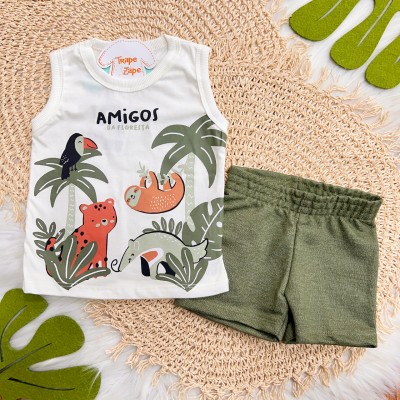Conj. Regata Amigos da Floresta e Bermuda - Off White e Verde