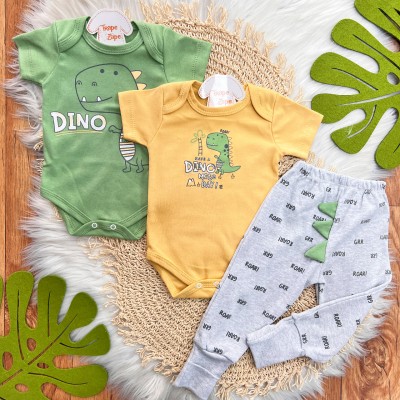 Conj. Body Dino, Dino Mite e Calça Rabinho - Verde, Mostarda e Mescla
