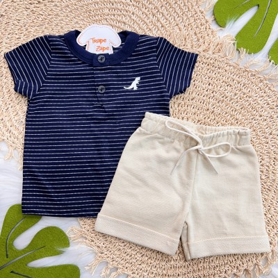 Conj. Camiseta Listrada Rex e Bermuda em Linho - Marinho