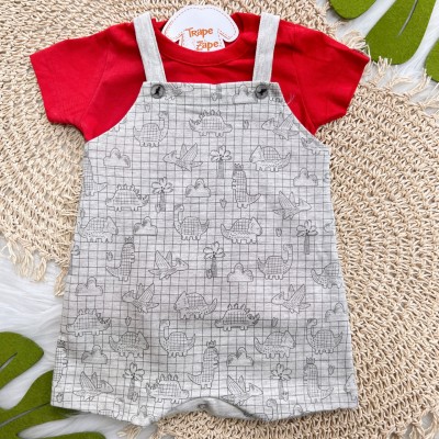 Conj. Blusa Manga Curta e Jardineira Quadriculada Dinos - Mescla