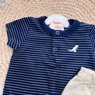 Conj. Camiseta Listrada Rex e Bermuda em Linho - Marinho
