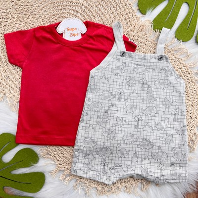 Conj. Blusa Manga Curta e Jardineira Quadriculada Dinos - Mescla