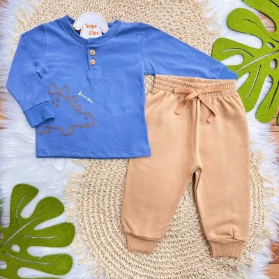 Conj. Blusa Manga Longa Baby Dino e Calça de Moletom - Azul Jeans e Areia