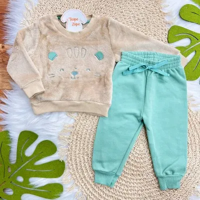 Conj. Casaco de Pelinho Bebê Tigre e Calça de Moletom - Areia e Verde