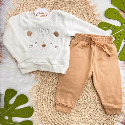 Conj. Casaco de Pelinho Bebê Tigre e Calça de Moletom - Off White