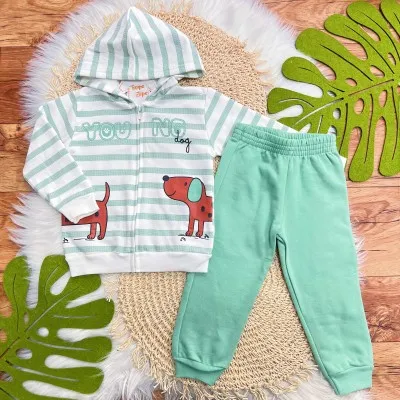 Conj. Jaqueta Young Dog! com Capuz e Calça de Moletom - Verde e Off White